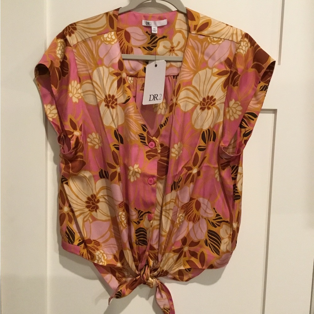 DR2 Orange and Pink Blouse with Cap Sleeves and Tie Front